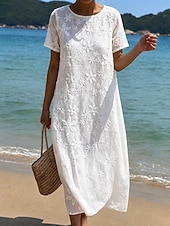  Femmes Robe Midi Robe en Dentelle Robe Blanche Robe d'été Élégant Mode Plage Vacances Fête Coupe Ample Fleuri Demi Manches Col ras du cou Blanche Été Printemps