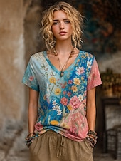abordables Camiseta floral-Mujer Camiseta bohemia Tops de verano Floral Graphic Plantas Elegante Bohemia Vintage Manga Corta Escote en Pico Tops regulares Casual Diario Deportes Azul Piscina Rosa albaricoque Rosa Verano