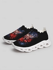  Pantofi sport negri pentru femei cu pernă de aer patriotică – adidași slip-on cu imprimeu de trandafir galaxic cu tema „4 iulie” din SUA, pentru sărbătorirea Zilei Independenței, călătorii și confort