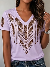 Χαμηλού Κόστους Boho t-shirt-Γυναικεία Μπλουζάκι Στάμπα Γραφική Φυλής Στυλάτο Κλασσικό Καθημερινό Κοντομάνικο Λαιμόκοψη V Κανονικά μπλουζάκια Causal Καθημερινά Θαλασσί Λευκό Βυσσινί Καλοκαίρι Άνοιξη