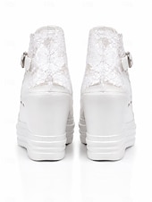 abordables novia-Sandalias de cuña con plataforma de encaje blanco para novias, zapatos de boda con puntera abierta y correa con hebilla para bodas al aire libre y en la ciudad.