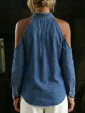 billige Enkle bluser-Dame Uformell skjorte Topp med åpne skuldre Knapper Denim Årgang Langermet Skjortekrage Daglig Blå Vår, Høst, Vinter, Sommer