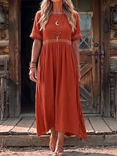 preiswerte Einfaches Kleid-Damen Midikleid A Linie Kleid Lässig Strand Lässiger Schnitt Einfach Kurzarm Rundhalsausschnitt Weiß Rote Sommer Frühling