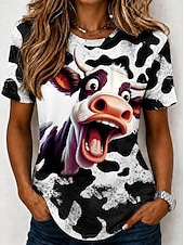 economico Maglietta Animali-Per donna Maglietta Blocco di colore Stampato Grafico Animale Mucca Vintage Elegante Classico Manica Corta Girocollo Top lunghi Casuale Quotidiano Blu Bianco Cachi Beige Estate Primavera