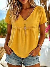 abordables Camisas-Mujer Camisa Camisas de algodón y lino Color sólido Plano Bohemia Vacaciones Vintage Sin Mangas Escote en Pico Tops regulares Casual Azul Piscina Blanco Amarillo Rosa Verano Primavera