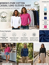  Per donna 100% cotone Maglietta Tinta unica Classico Casual Manica Lunga Girocollo Top Regolari Casuale Quotidiano Blu Bianco Nero Rosa Grigio chiaro Inverno Primavera, Autunno, Inverno, Estate
