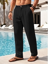 cheap Holiday-Men's Cotton Linen Pants Trousers Summer Pants Baggy Pants Beach Pants Pleated Pocket Solid Color Comfort Breathable Full Length Casual Daily Outdoor Vacation Fashion Loose Fit Blue White Inelastic