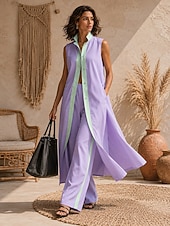  Per donna Set di Pantaloni Senza Maniche Colletto a Camicia Blocco di colori Patchwork Bohemien Casuale Quotidiano Giallo Rosa Azzurro cielo Primavera & Estate Vestibilità comoda