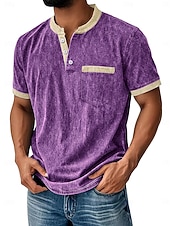 billiga Casual Henley T-shirt-Herr Henleytröja Tvätta skjorta i 100 % bomull T-shirt T-shirt Kortärmad Enfärgat Retro / vintage Ledigt Vintagestil Färgblock Tvättad Henley Ledigt Vår &amp; sommar Sommar Vår Blå Svart Marinblå Henley