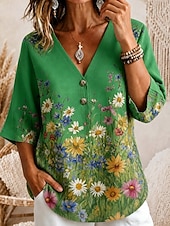 Mulheres Blusa Botões Floral Gráfico Elegante Férias Diário Manga 3/4 Decote V Tops regulares Casual Diário Feriado Amarelo Rosa Verde Verão Primavera