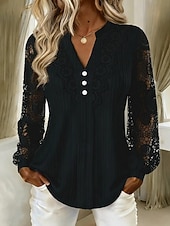 cheap Plain Blouses-Women's Shirt Eyelet Top Boho Shirt Lace Shirt Lace Solid Color Plain Elegant Bohemia Active Long Sleeve Long Tops Casual Blue Black Brown Green Beige Summer Spring Fall