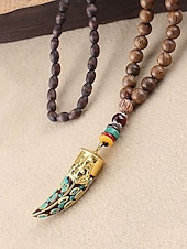 abordables Joyas para hombres-Collar con colgante de cuerno en forma de media luna de estilo bohemio para hombre, cadena larga de cuentas de madera, aleación étnica tribal. &amp;Collar llamativo de cuentas de madera, joyería vintage