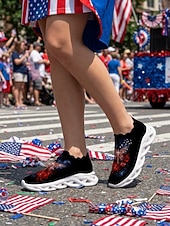  Pantofi sport negri pentru femei cu pernă de aer patriotică – adidași slip-on cu imprimeu de trandafir galaxic cu tema „4 iulie” din SUA, pentru sărbătorirea Zilei Independenței, călătorii și confort