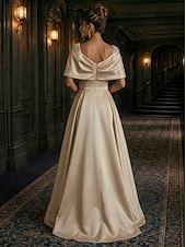 abordables A-Line Evening Dresses-A-Line Asymmetrical Evening Gown Elegant Glittering Mother Of The Bride Short Sleeve Square Neck Wedding Formal Satin Cowl Back with Pleats Crystals Beading
