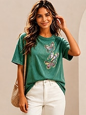 preiswerte Blumen-T-Shirt-Damen 100% Baumwolle Besticktes T-Shirt Grafik Schmetterling Vintage Klassisch Lässig Kurzarm Rundhalsausschnitt Normale Oberteile Lässig Täglich Wochenende Grün Sommer Frühling