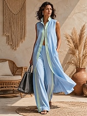  Per donna Set di Pantaloni Senza Maniche Colletto a Camicia Blocco di colori Patchwork Bohemien Casuale Quotidiano Giallo Rosa Azzurro cielo Primavera & Estate Vestibilità comoda