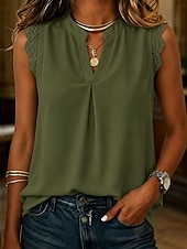 Women's Tank Top Lace Trim Plain Stylish Casual Sleeveless Stand Collar Regular Tops Casual Daily Khaki White Pink Green Summer Spring