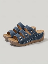 cheap Wedge Sandals-Women's Navy Blue Triple Strap Wedge Sandals – Comfortable Slide Sandals with Metal Design for Summer Walking, Travel &amp; Casual Wear