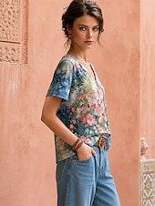  Women's Boho T-shirt Summer Tops Floral Graphic Plants Elegant Bohemia Vintage Short Sleeve V Neck Regular Tops Casual Daily Sports Blue Pink Red Summer Spring