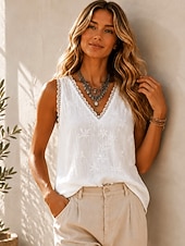 economico Top in Pizzo-Per donna Camicia Bordo in pizzo Tinta unica Elegante Bohemien Vacanza Senza Maniche Manica 3/4 Scollo a V Top Regolari Casuale Quotidiano Ferie Bianco Estate Primavera