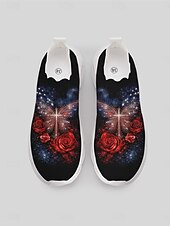  Pantofi sport negri pentru femei cu pernă de aer patriotică – adidași slip-on cu imprimeu de trandafir galaxic cu tema „4 iulie” din SUA, pentru sărbătorirea Zilei Independenței, călătorii și confort