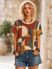 cheap Stripe&amp;Geometric tee-Women's T Shirt Print Graphic Geometric Tribal Fashion Stylish Classic Short Sleeve Crew Neck Round Neck Regular Tops Casual Daily Sports White Black Red Summer Spring