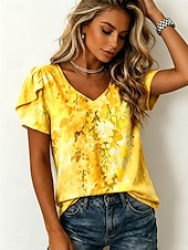abordables Floral Blouses-Women's Blouse Print Floral Graphic Vintage Daily Stylish Short Sleeve V Neck Regular Tops Casual Daily Yellow Pink Green Summer Spring
