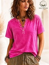  Per donna 100% cotone Maglia Henley Grafico Bandiera Semplice Vintage Moda Elegante Manica Corta Henley Top Regolari Casuale Spiaggia Blu Nero Viola Arancione Rosso rosa Estate Primavera
