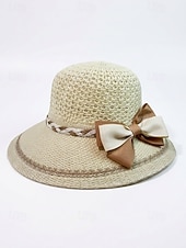 baratos Chapéus Femininos-Chapéu de sol feminino de aba larga em tecido trançado com laço, elegante chapéu de palha multicolorido para o verão, chapéu leve para praia, férias, proteção solar, viagens e atividades ao ar livre.