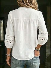 baratos Tops de Renda-Women's Shirt Eyelet Top Lace Trim Elegant Bohemia Vacation 3/4 Sleeve Mandarin Collar Regular Tops Casual Daily Holiday White Summer Spring