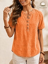  Maglietta Henley da donna Softfade™ in 100% cotone stile vintage - top basic a maniche corte con lavaggio morbido