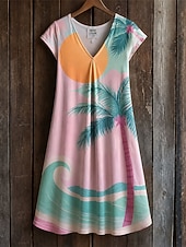 cheap Floral Dress-Women's Midi Dress Shift Dress T Shirt Dress Tee Dress Summer Dress Elegant Bohemia Vacation Beach Party Holiday Regular Fit Star Tropical Short Sleeve V Neck Blue White Yellow Green Summer Spring