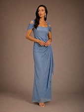  Pentru femei Rochie Maxi Rochie din Tul Elegant Serată Nuntă Invitat la nunta Bufantă Strălucire Culoare solidă Fără manșon Cu Bretele umăr rece Albastru Prăfuit