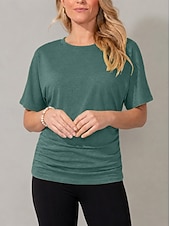 cheap Plain tee-Women's T Shirt Tee Top Ruched Plain Stylish Short Sleeve Batwing Sleeve Crew Neck Regular Tops Casual Daily Going out Black Yellow Pink Purple Green Summer Spring