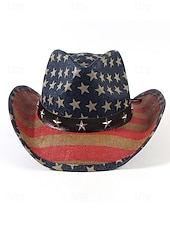  Patriotischer Western-Cowboyhut für Herren, Strohhut aus Polyester mit USA-Flagge und verstellbarem Kinnband, weiß-khakifarbener Sommerhut für Rodeo-Feiern am 4. Juli, dem amerikanischen