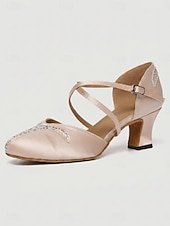 abordables Ballroom Shoes &amp; Modern Dance Shoes-Women's Light Pink Rhinestone Satin Ballroom Dance Shoes – Closed Toe Dance Heels with Crystal Accents &amp; with Cross Straps for Waltz, Foxtrot, Tango &amp; Social Dancing