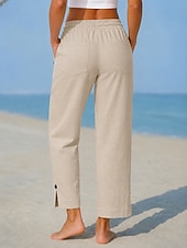  Mulheres Calças de linho Calça casual Calças Cropped Chino Comprimento total Natural Tecido Cor Sólida Bolsos Confortável Conforto Sem Elasticidade Férias Formal Casual / Diário Azul Branco Cinzento