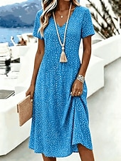  Femmes Robe Longueur Genou Robe T-Shirt Robe trapèze Vacances Occasionnel Boho Plage Coupe régulière Graphique À pois Manche Courte Col en V Bleu Rouge Vert Été Printemps