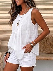  Damen Gewaschene Baumwolle Camisole-Tanktop Gerafft Textur Asymmetrisch Einfarbig Einfach Retro Vintage Ärmellos Rundhalsausschnitt Lange Oberteile Lässig Weiß Hellgrün Sommer Frühling