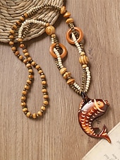 baratos Colar Feminino-Colar feminino boêmio com pingente de madeira, longo, com contas, estilo statement, com pingente de elefante, peixe e flores. Joia artesanal em madeira, ideal para férias, praia, festivais, viagens e