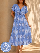 ieftine Rochii florale-Pentru femei Rochii Midi Rochie cu broderie florală Rochie de vară De Bază Clasic Zilnic Vacanță Potrivire Largă Floral Manșon scurt În V Albastru piscină Alb Vară Primăvară
