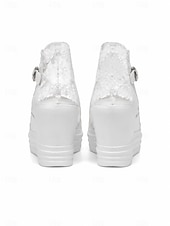 abordables novia-Sandalias de cuña con plataforma de encaje blanco para novias, zapatos de boda con puntera abierta y correa con hebilla para bodas al aire libre y en la ciudad.