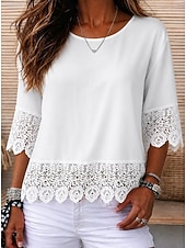  Women's Shirt Lace Trim Solid Color Elegant Bohemia Vacation Crew Neck Long Tops Casual Daily Holiday White Summer Spring