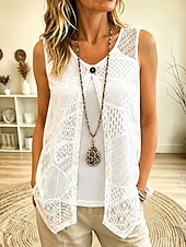 baratos Tanque Simples-Mulheres Malha Íntima Renda Tecido à moda Casual Sem Manga Gola Redonda Tops regulares Casual Diário Branco Rosa Rosa empoeirada Verão Primavera