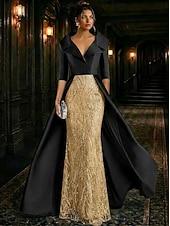 abordables Vestidos de gala-Corte A Hasta el Suelo Bordado con cuentas Vestido formal Vestido de madre de la novia Vestidos de noche Vestido de baile con sobrefalda Vestimenta formal Elegante Sedoso Manga 3/4 Cuello Camisero
