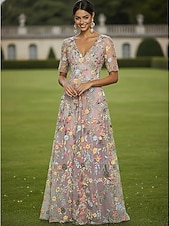 abordables Largo del piso-Corte A Vestidos Hasta el Suelo Vestido de Fiesta Vestido Cóctel Vestido de Madrina Media Manga Escote Elegante Vintage Lujoso Formal Invitado a la boda El derby de Kentucky Tul con Estampado flor