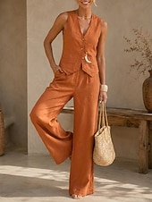 preiswerte Blusenanzüge für Damen-Damen Hosen-Sets Ärmellos V Ausschnitt Einfarbig Gerafft Elegant Lässig Täglich Schwarz Weiß Orange Frühling &amp; Sommer