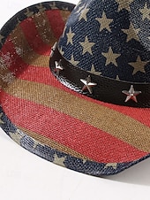  Patriotischer Western-Cowboyhut für Herren, Strohhut aus Polyester mit USA-Flagge und verstellbarem Kinnband, weiß-khakifarbener Sommerhut für Rodeo-Feiern am 4. Juli, dem amerikanischen