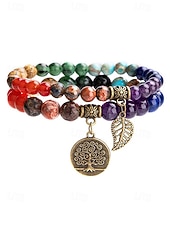 economico Bracciale da donna-Set di braccialetti da donna bohémien a strati con perline di pietra naturale, albero della vita e ciondoli a forma di foglia, gioielli da polso impilabili multicolore in 2 pezzi per l'uso quotidiano,