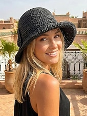 abordables Sombreros de mujer-Sombrero de paja plegable estilo boho para mujer con lazo, sombrero de verano tejido y plegable en varios colores para vacaciones en la playa, viajes, fiestas en el jardín, brunch, resort. &amp;uso diario